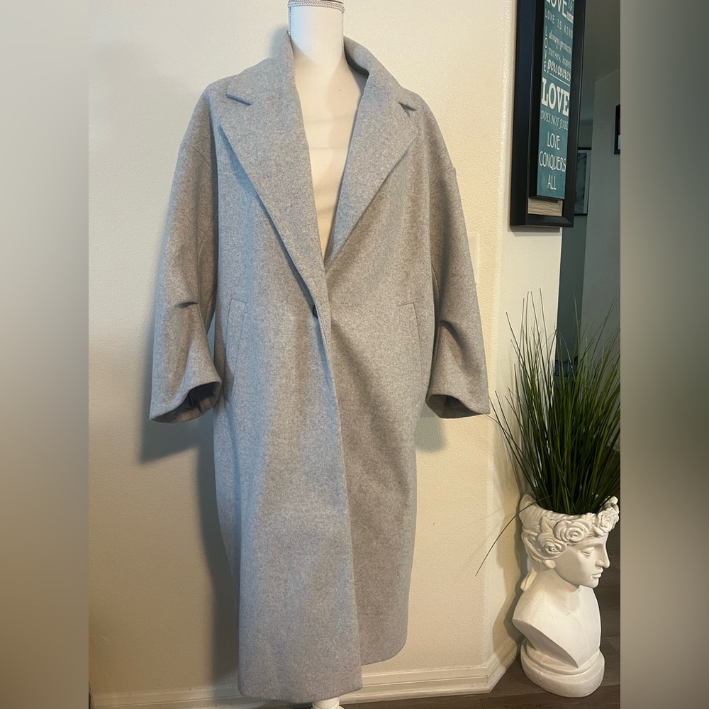 Zara Gray Trench Coat Wool Blend Oversized